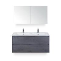 Porto Badmeubelset 120 cm - 2 laden Beton Antraciet - Keramische Wastafel Wit Slim - met Spiegelkast