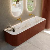Badmeubel Mondiaz Kurve-Dlux | 155 cm cm | Meubelkleur Ruby | Wastafelkleur Glace | Solid surface | Dubbel / Rechts spoelbak | Zonder kraangat(en)