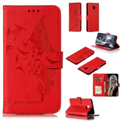 Feather patroon Litchi textuur horizontale Flip lederen draagtas met portemonnee & houder & kaartsleuven voor Galaxy J6 PLUS (rood)