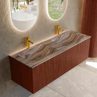 Badmeubel Mondiaz Kurve-Dlux | 130 cm | Meubelkleur Ruby | Wastafelkleur Sombra | Solid surface | Wasbak beide zijden spoelbak | 2 kraangaten