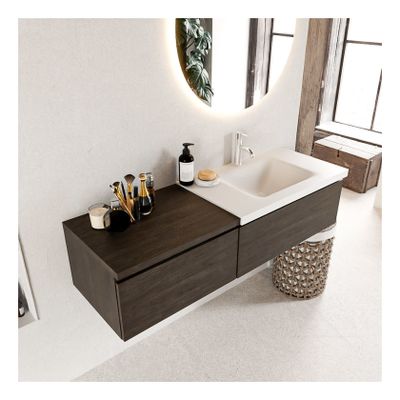 Mondiaz Bukla 140cm badmeubel met module 60 dark brown 2 lades met wastafel rechts 1 kraangat kleur talc