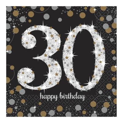 Servetten 30 jaar - 16x stuks - zwart - 33 x 33 cm - confetti - luxe - verjaardag