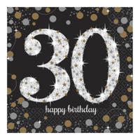 Servetten 30 jaar - 16x stuks - zwart - 33 x 33 cm - confetti - luxe - verjaardag