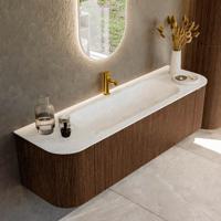 Badmeubel Mondiaz Kurve-Dlux | 160 cm | Meubelkleur Walnut | Wastafelkleur Opalo | Solid surface | Midden spoelbak | 1 kraangat