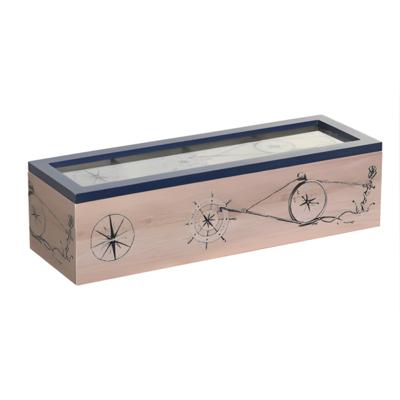 Theedoos maritiem - 4-vaks - blauw / bruin - hout - 30 x 9 x 8 cm