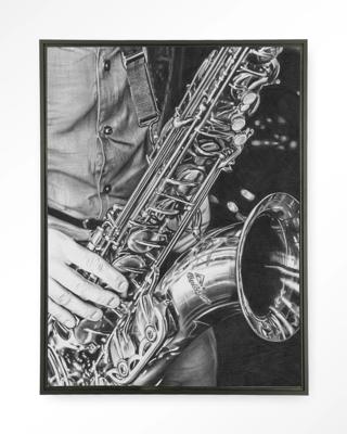 Urban Cotton Wandkleed 'The Man With The Sax' 110 x 145cm in Floating Frame - black