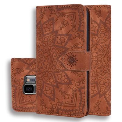 Kalf patroon dubbele vouwen ontwerp reliëf lederen draagtas met portemonnee & houder & kaartsleuven voor Galaxy S9 (bruin)