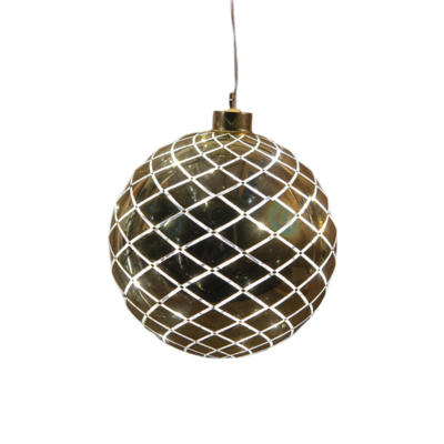 Kersthanger bal glas diamant patroon 12led warm wit op batterij met timer d15 cm glimmend goud - Annas collection