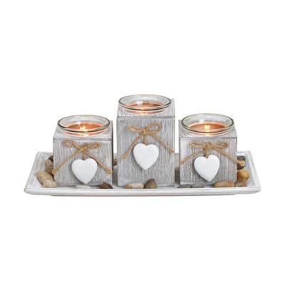 Kaarsen plateau met theelichthouders - hartjes hangers - hout - grijs - 28 x 13 x 10 cm