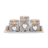 Kaarsen plateau met theelichthouders - hartjes hangers - hout - grijs - 28 x 13 x 10 cm
