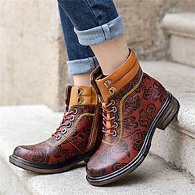 Dames Laarzen Legerlaarzen Grote maten Handgemaakte schoenen Dagelijks Booties enkellaarzen Winter Rits Blokhak Ronde Teen Vintage Casual Comfortabel Schapenleer Rits Bloemig Bruin Lightinthebox