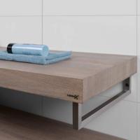 Looox Wooden Base Shelf solo R 100 cm, eiken old grey, handdoekhouders rechts geborsteld rvs - thumbnail