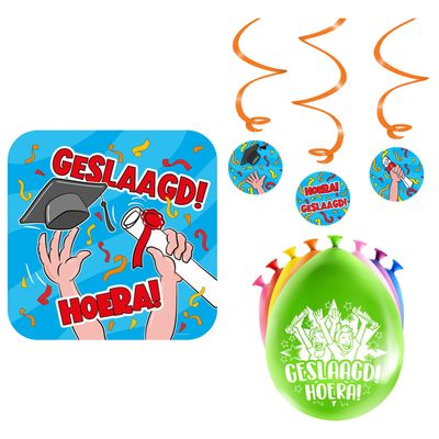 Geslaagd thema party versiering set Hoera - Huldebord en 16x ballonnen