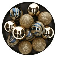 12x stuks kerstballen mix goud/blauw glans/mat/glitter kunststof 4 cm - thumbnail