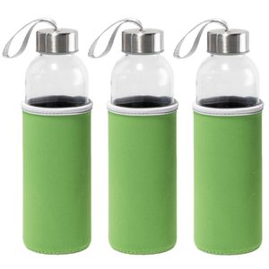 3x Stuks glazen waterfles/drinkfles met groene softshell bescherm hoes 520 ml