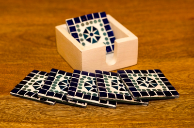 Mozaïek onderzetters Cantara blauw in houten box