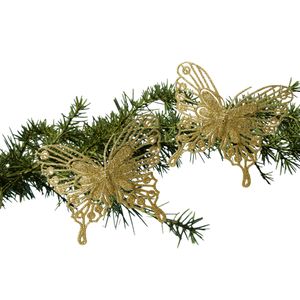 Kerstboom decoratie vlinders op clip - 2x - goud - 13 cm - glitter