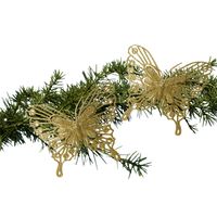 Kerstboom decoratie vlinders op clip - 2x - goud - 13 cm - glitter