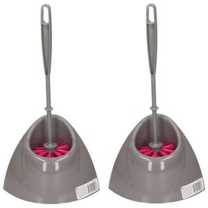 2x Voordelige grijs/roze toiletborstels met houders 36 cm