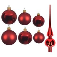 Groot pakket glazen kerstballen 50x kerstrood glans/mat 4-6-8 cm met piek glans - Kerstbal - thumbnail