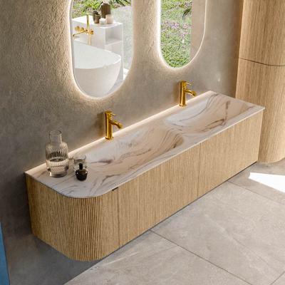 Badmeubel Mondiaz Kurve-Dlux | 165 cm | Meubelkleur Oak | Wastafelkleur Nata | Solid surface | Dubbel / Rechts spoelbak | 2 kraangaten