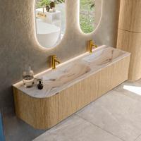 Badmeubel Mondiaz Kurve-Dlux | 165 cm | Meubelkleur Oak | Wastafelkleur Nata | Solid surface | Dubbel / Rechts spoelbak | 2 kraangaten