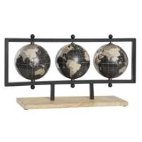 Atmosphera Decoratie wereldbol / globe - zwart - 3 bollen - 50 x 13 x 27 cm - houten frame
