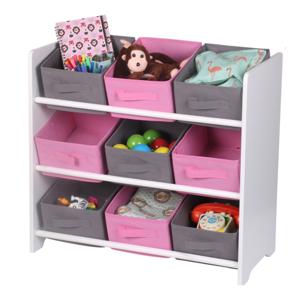 Opbergrek 3-laags met bakken - roze - hout/stof - 63 x 30 x 60 cm - speelgoed - kinderkamer