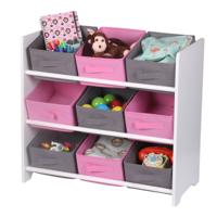 Opbergrek 3-laags met bakken - roze - hout/stof - 63 x 30 x 60 cm - speelgoed - kinderkamer