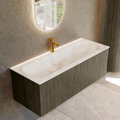 Badmeubel Mondiaz Kurve-Dlux | 120 cm cm | Meubelkleur Shadow | Wastafelkleur Frappe | Solid surface | Wasbak midden spoelbak | 1 kraangat