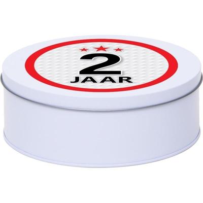 Leeftijd Snoeptrommel - koektrommel Cadeau - wit - rond blik - met 2 jaar sticker