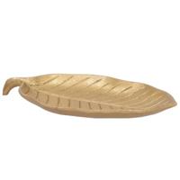 Kaarsen onderbord/schaal Leaf - goud - hout - bladnerf - 29 x 18 x 3 cm - bladvorm