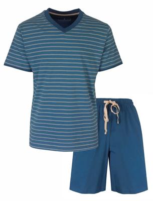 M.E.Q. Heren shortama katoen - V-hals - Blauw gestreept