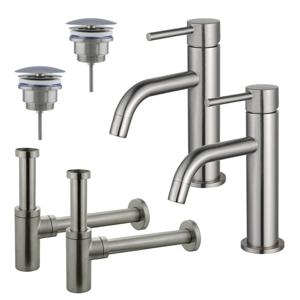 Fortifura Calvi Slim Wastafelkraanset - voor dubbele wastafel - lage wastafelkraan - always open plug - design sifon - Geborsteld RVS PVD (RVS) 2x SW377858/2x SW696207/2x SW696212