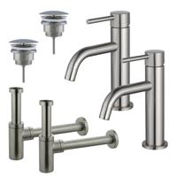 Fortifura Calvi Slim Wastafelkraanset - voor dubbele wastafel - lage wastafelkraan - always open plug - design sifon - Geborsteld RVS PVD (RVS) 2x SW377858/2x SW696207/2x SW696212