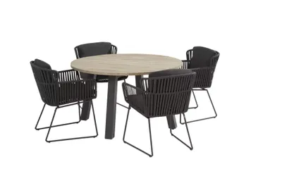 Tuinset Vitali antraciet met Derby teak tafel rond 130cm van 4 Seasons Outdoor
