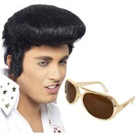 Elvis verkleed set pruik zwart en bril voor heren - thumbnail