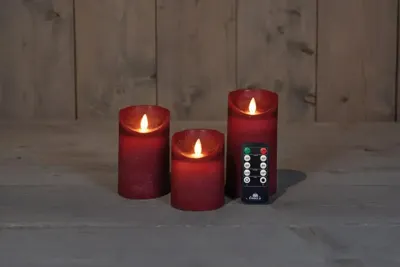 Anna&apos;s Collection LED kaars flame effect rustiek set 7.5 cm bordeaux 3 stuks