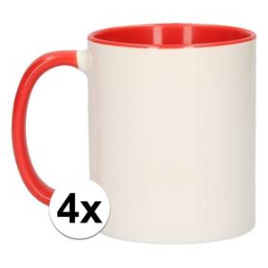 Koffiemok / thee beker - 4x - 300 ml - Wit/rood - Cadeau mokken - keramiek