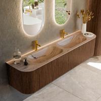 Badmeubel Mondiaz Kurve-Dlux | 190 cm | Meubelkleur Walnut | Wastafelkleur Arena | Solid surface | Wasbak beide zijden spoelbak | 2 kraangaten