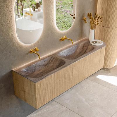 Badmeubel Mondiaz Kurve-Dlux | 165 cm | Meubelkleur Oak | Wastafelkleur Oza | Solid surface | Dubbel / Links spoelbak | Zonder kraangat(en)