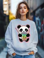 Bon&Bon Women's Panda Cartoon Print Sweatshirt - Loose Long Sleeve Pullover Grey / M