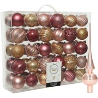 Kunststof kerstballen 60x stuks 6-7 cm met glazen glans piek roze en bruin - Kerstbal - thumbnail