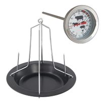 Stalen kippenspit/kiphouder met schotel zwart 20 x 18 cm met vleesthermometer