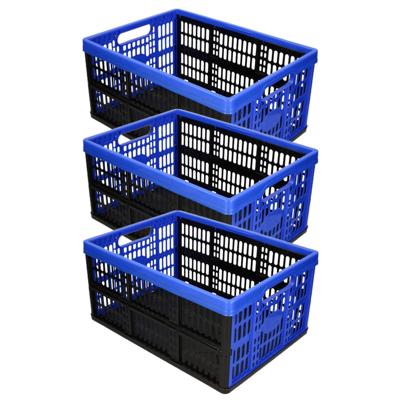 Plasticforte Boodschappenkrat - 3x stuks - 32L - 48 x 35 x 24 cm - vouwkrat - zwart/blauw