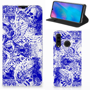 Mobiel BookCase Huawei P30 Lite New Edition Angel Skull Blauw