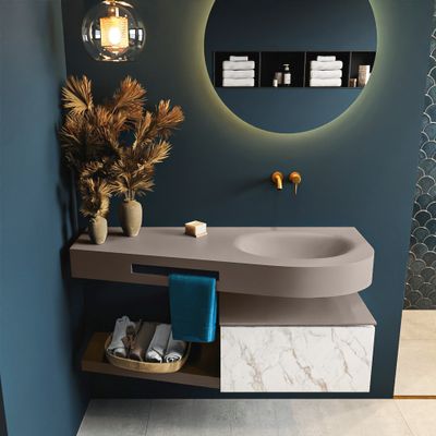 MONDIAZ RIVA 120cm badmeubel onderkast / planchet kleur carrara met 1 lade. Wastafel DULCET rechts 0 kraangaten kleur Smoke.