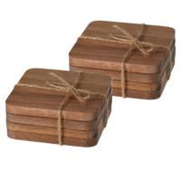 Excellent Houseware Vierkante acacia houten glazen onderzetters - 8x stuks - 10x10 cm