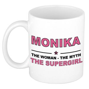 Naam cadeau mok/ beker Monika The woman, The myth the supergirl 300 ml - Naam mokken