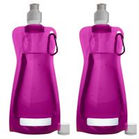 Waterfles/drinkfles opvouwbaar - 2x - fuchsia roze - kunststof - 420 ml - schroefdop - karabijnhaak